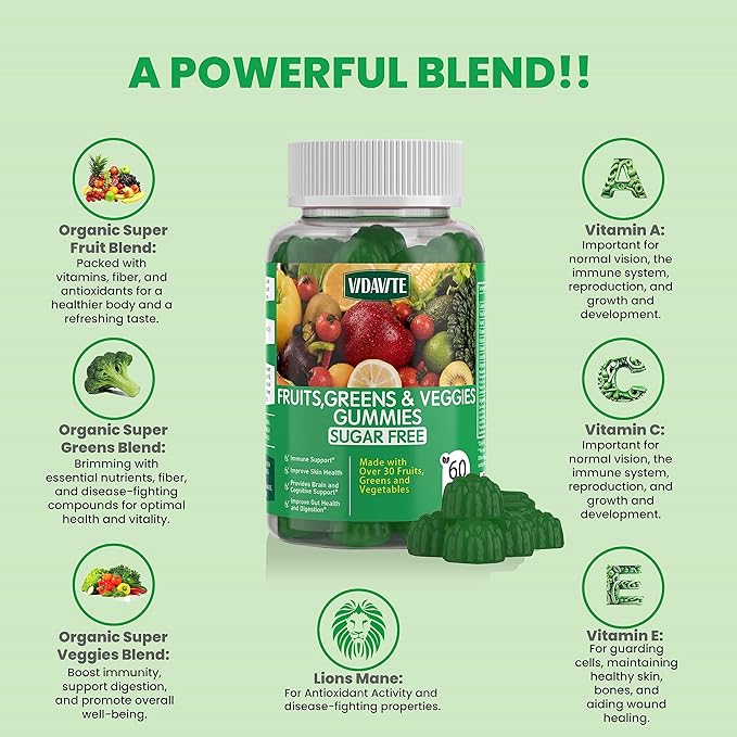 Sugar-Free Fruit and Veggie Gummies — 35+ Greens, Fruit and Vegetable Vitamins to Boost Immunity, Skin & Gut Health — Ideal Fruit and Vegetable Supplement for Adults & Kids (60 Gummies)