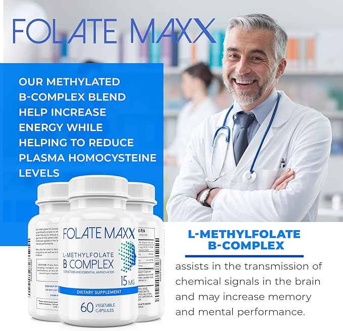 FolateMaxx L-Methylfolate + B12 Methylcobalamin & B6 Blend (15mg) - 60 Capsules - Active B-Complex with Cofactors & Essential Amino Acids - Non GMO, Gluten Free, No Fillers