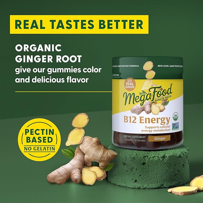 MegaFood Vitamin B12 Energy Gummies - Vegan - With Methyl B12 Vitamins to Support Cellular Energy Production - Ginger - Daily Vitamin B12 Supplement - USDA Organic - 70 Gummies, 35 Servings