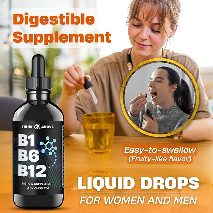 B1 B6 B12 Vitamin Liquid Drops - Nerve, Energy, Brain Support Supplement - Fruity-Like Flavor - Methylcobalamin, Thiamine, Pyridoxine - 60 Day Supply - 2 oz - for Men and Women - Simply Made