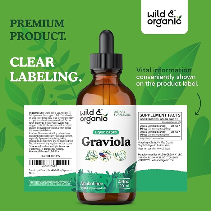Wild & Organic Graviola Soursop Multivitamin Drops - 500 mg Guanabana Fruit & Soursop Leaves for Antioxidant Support - Vegan, Sugar & Alcohol-Free Tincture - 4 fl oz