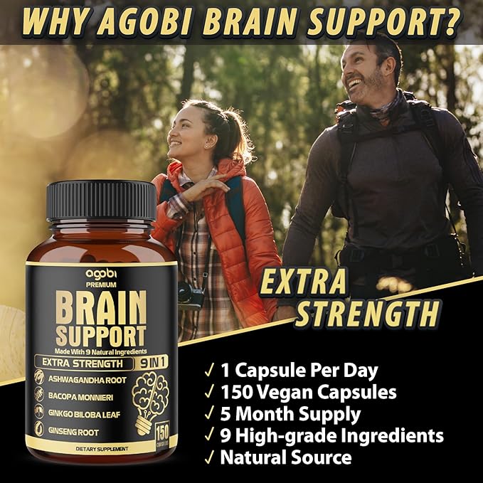 agobi 9in1 Brain Support Supplement - Blended with Ashwagandha, Panax Ginseng, Gotu Kola, Ginkgo Biloba, Black Pepper & More - Accuracy, Focus, Memory & Energy Booster - 150 Capsules for 5 Months