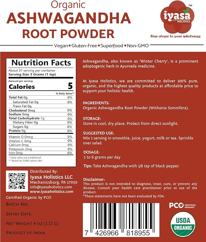 Organic Ashwagandha Powder, Withania Somnifera, Raw Superfood, Workout Supplement, Resealable Pack