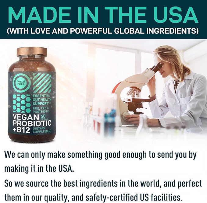 Vegan Probiotic Plus B12-22 Billion CFU Synbiotics Prebiotics and Probiotics for Digestive Health, IBS, Mood Support - B12 with FOS Pre Pro Post Biotics for Women & Men - 60 Gluten-Free Capsules