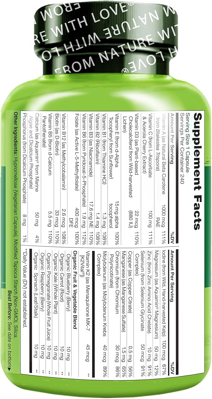 NATURELO Mens Multivitamins - One Daily Multivitamin for Men with Vitamins, Minerals & Organic Whole Foods, Boost Energy & Health, Non-GMO, 240 Vegetarian Capsules