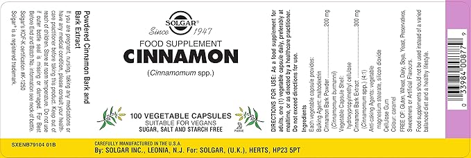 SOLGAR Cinnamon - 100 Vegetable Capsules - Full Potency (FP) - Non-GMO, Vegan, Gluten Free, Dairy Free, Kosher - 100 Servings
