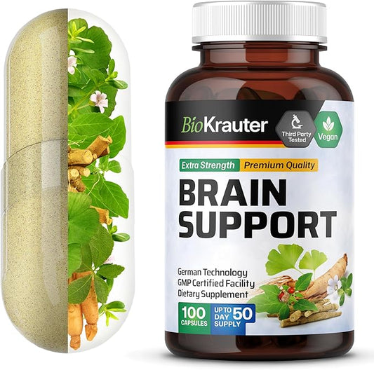 BIO KRAUTER Brain Support Supplement - 100 Count - 1300 mg Blend of Ashwagandha, Panax Ginseng and Ginkgo Biloba - Vegan, No Fillers