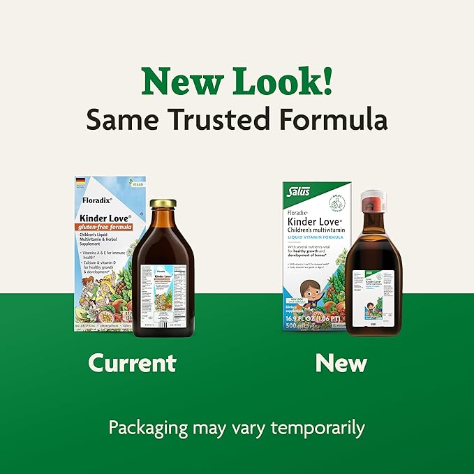 Floradix Kinder Love Children's Multivitamin - Liquid Multivitamin for Kids with Vitamins A, C, D & E, Calcium & More - Vegetarian, Non-GMO, Gluten-Free - 16.9 fl oz