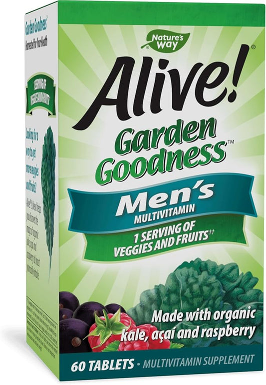 Nature's Way Alive! Garden Goodness Men's Multivitamin, One Serving of Veggies and Fruits**, High Potency B-Vitamins, 60 Tablets
