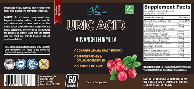 Uric Acid Advanced Formula – Kidney, Liver, Gallbladder, Urinary Tract Cleanse with Cranberry, Chanca Piedra, Tart Cherry, Milk Thistle and Bromelain 60 Capsules