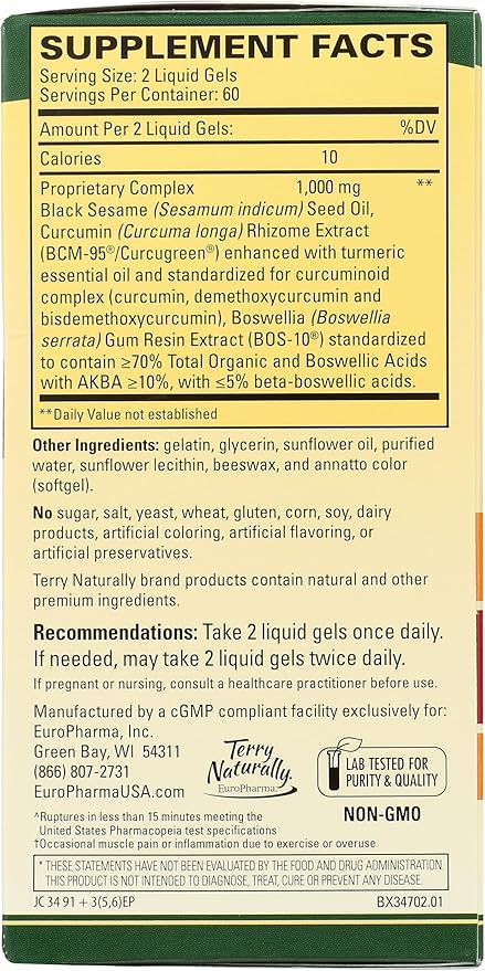 Terry Naturally CuraMed Acute Pain Relief - Supplement with BCM-95 Curcumin & BOS-10 Boswellia - Black Sesame Seed Oil to Support Relief of Occasional Discomfort - 120 Liquid Gels