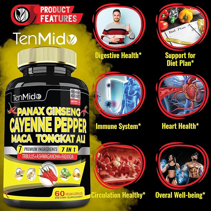 2 Packs 60 Caps of Cayenne Pepper Supplements Extract Capsules with Tongkat Ali, Ginseng, Tribulus, Ashwagandha, Maca, Fadogia - 4 Month Supply