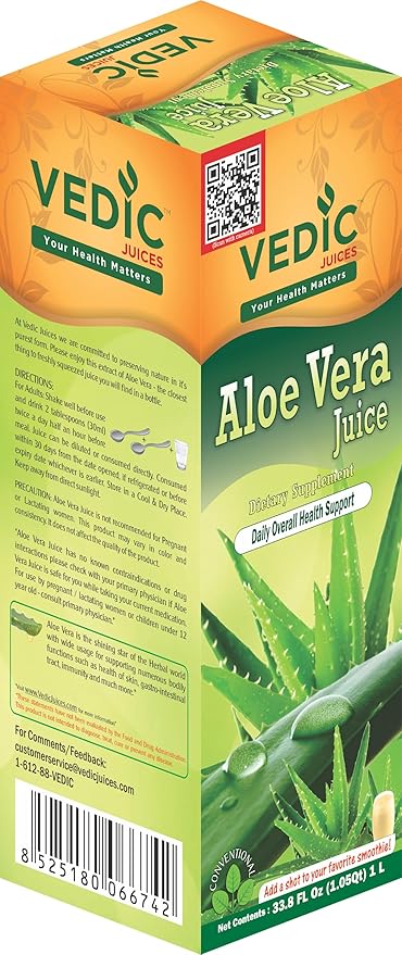 Vedic Juices Aloe Vera Juice, Aloe Supplement for Skin Nourishment, Aloe Pulp, Aloe Fiber, Gut Health and Immune Support, Aloe Juice with No Added Sugar, Parabens, or Artificial Colors, 1 Liter…