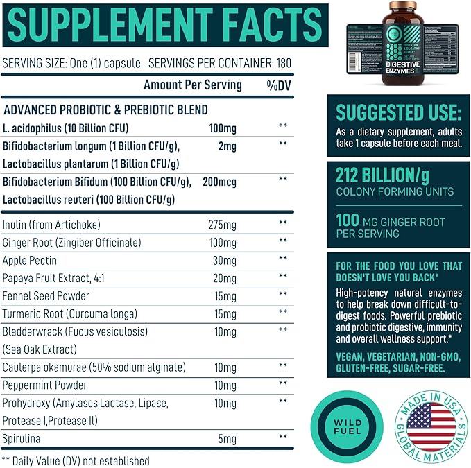 Digestive Enzymes with Probiotics and Prebiotics - Gut Health & Digestion Supplement with Artichoke Ginger Turmeric – Vegan Enzyme Complex for Digestive Health and Bloating Support - 180 Caps