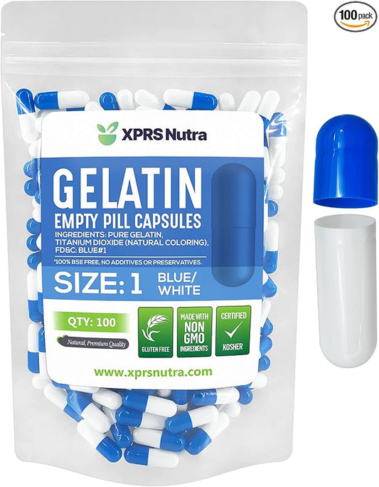XPRS Nutra Size 1 Empty Capsules - 100 Count Empty Gelatin Capsules - Pill DIY Capsule Filling - Pure Bovine Pill Gel Caps for Do-It-Yourself Supplements (Blue/White)
