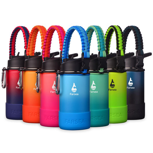Farsea Insulated Water Bottle With Paracord Handle, Protective Silicone Boot and 2 Lids (Straw Lid & Spout Lid), Stainless Steel Water Bottle Wide Mouth, Double Wall Sweat-Proof BPA-Free,12 oz