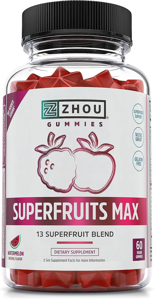 Zhou Nutrition Superfruit Multivitamin Gummies, 13 Natural Superfruits, Rich in Vitamin A, C, E, Zinc Gummies, Superfood Supplement, Immunity, Digestion & Energy, No Added Sugar, 60 Vegan Gummies