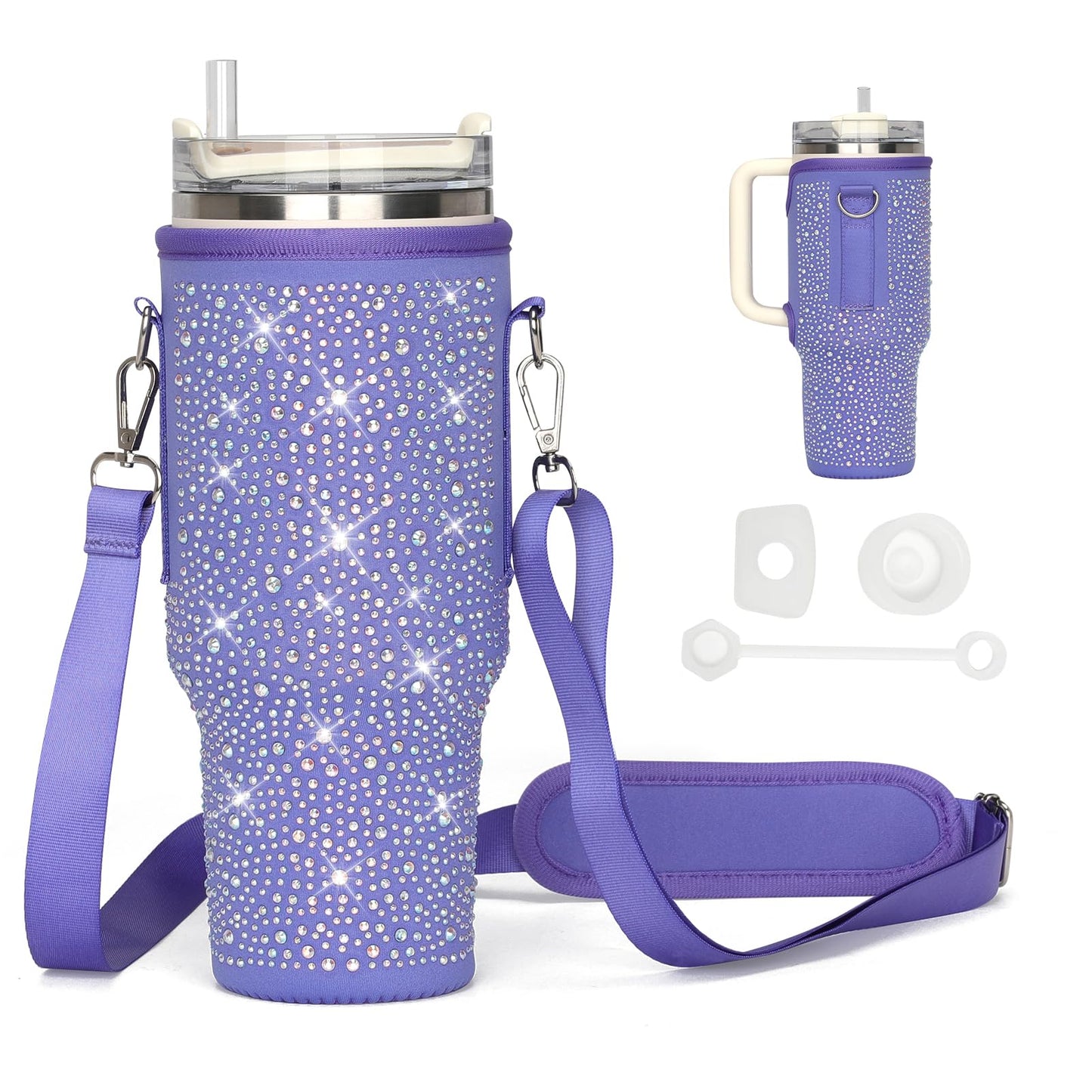 GOEWY Bling Water Bottle Carrier Bag for Stanley 40oz Tumbler Sparkling Rhinestone Water Bottle Holder with Adjustable Strap Neoprene Water Bottle Pouch for Stanley Cup Accessories