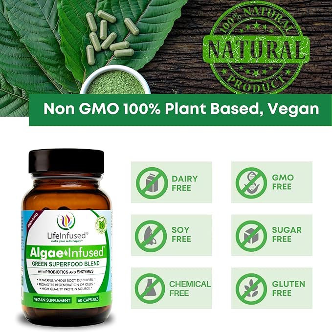 Life Infused Algae Infused - Premium Green Superfood Blend, Spirulina, Chlorella, Probiotics & Enzyme for More Energy, Digestion, Detox & Immune Support: 60 Caps