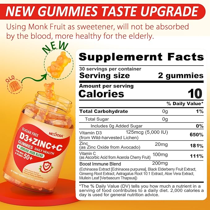 Sugar Free Vitamin C + D3 + Zinc Gummies for Adults 50+ & Calcium + D3 & Magnesium Filled Gummies for Kids 4+