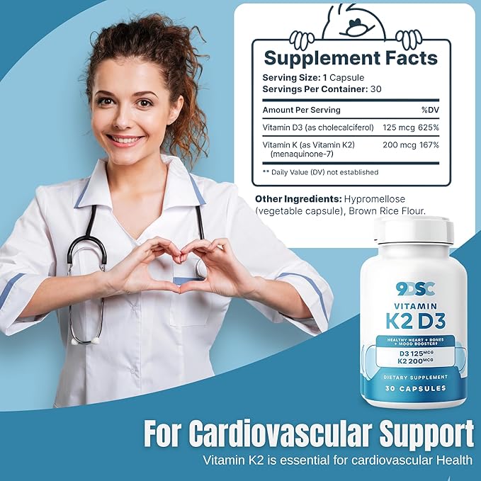 9DSC Vitamins D3 and K2-30 Capsules - K2 D3 Vitamin Supplement for Bone Health - Fast-Absorbing 200 mcg K2 Vitamin Supplement as MK-7-125 mcg of D3 - Made in USA