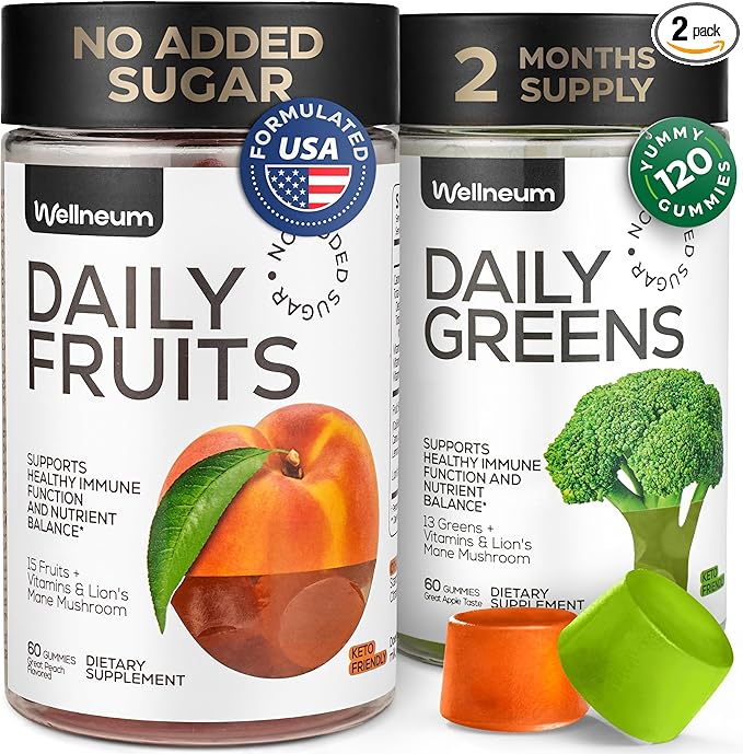 Super Fruit Super Greens Gummies for Adults - Daily Greens Vegetable Gummies for Immunity Health, Energy, Nutrient Balance - Fruits Blend 60 Count, Veggies Blend 60 Count - Sugar Free