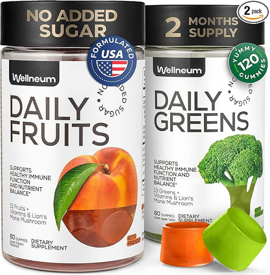 Super Fruit Super Greens Gummies for Adults - Daily Greens Vegetable Gummies for Immunity Health, Energy, Nutrient Balance - Fruits Blend 60 Count, Veggies Blend 60 Count - Sugar Free