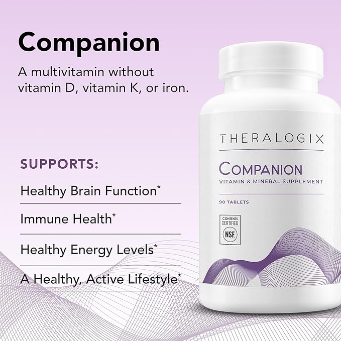 Theralogix Companion Multivitamin & Mineral Supplement - 90-Day Supply - Supplement for Women & Men Without Iron, Vitamin D, or Vitamin K - B Vitamins, Zinc & Magnesium - NSF Certified - 90 Tablets