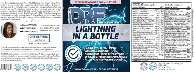 Lightning in a Bottle by Dr. Farrah World Renown Medical Doctor | 23 High Impact Vitamins & Minerals | Antioxidant Power of 7 Servings of Fruit & Vegetables | Paleo, Keto, & Vegan Friendly