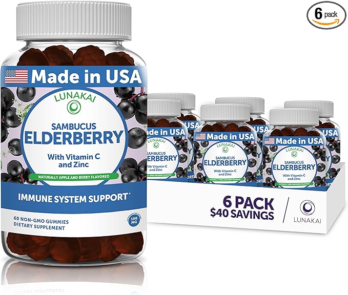 Lunakai Sambucus Elderberry Gummies with Zinc & Vitamin C for Adults & Kids - 100mg Black Elderberry Vitamins Immune Support Supplement - Vegan, Non-GMO, No Corn Syrup - 6 Pack