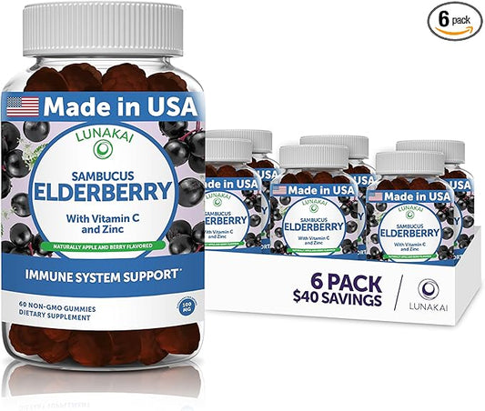 Lunakai Sambucus Elderberry Gummies with Zinc & Vitamin C for Adults & Kids - 100mg Black Elderberry Vitamins Immune Support Supplement - Vegan, Non-GMO, No Corn Syrup - 6 Pack