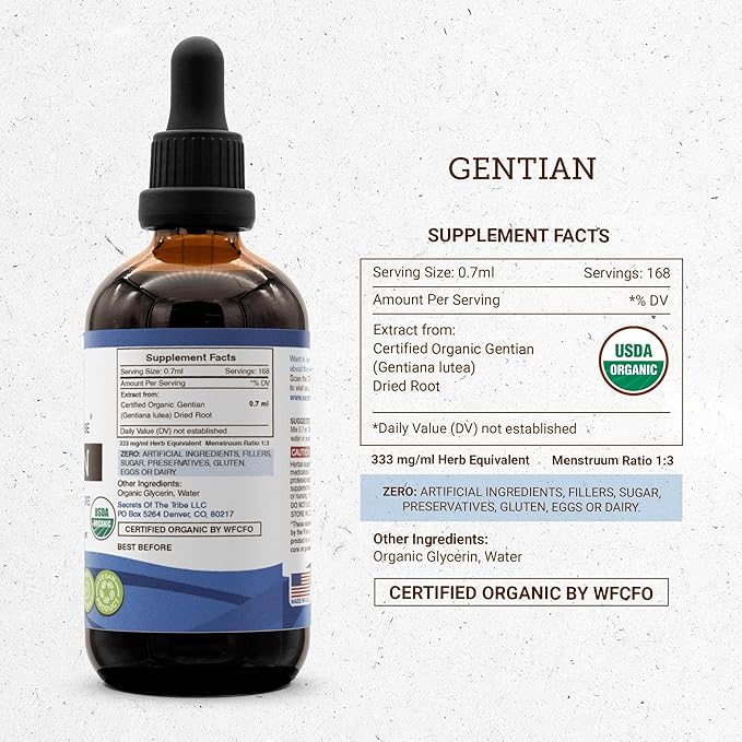 Secrets of the Tribe Gentian USDA Organic | Alcohol-Free Extract, High-Potency Herbal Drops | Made from 100% Certified Organic Gentian (Gentiana Lutea) Dried Root (4 oz)