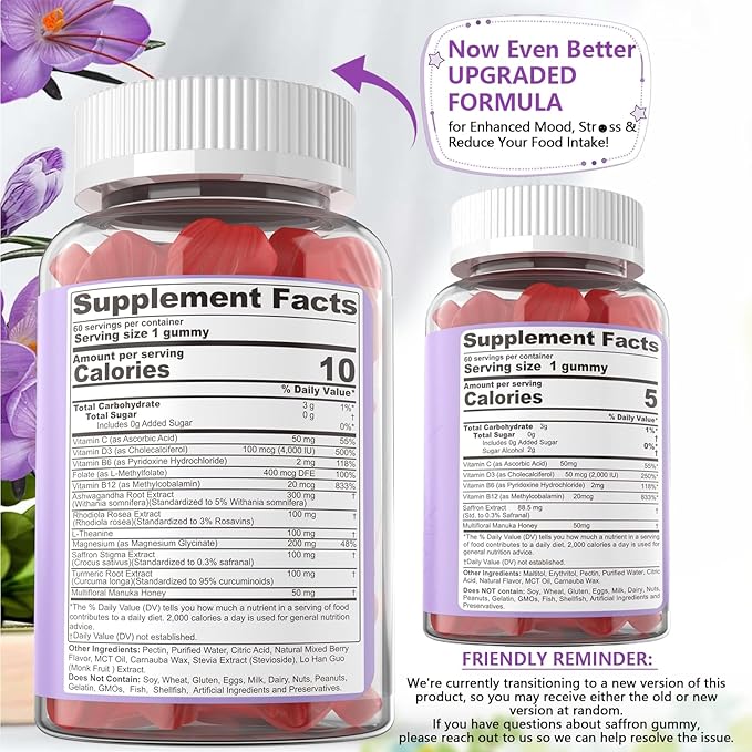 Sugar Free Saffron Gummies - Saffron Supplement Gummies 100% Pure Saffron Extract Whole Herb Gummies with Honey for Mood & Power, Vitamin B6, B12, D3, C - Organic, Vegan, Mixed Berry Flavor - 120Cts