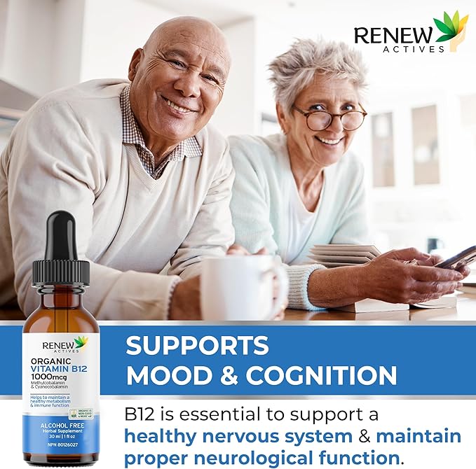 Renew Actives Premium B12 Liquid Extract Supplement 1000MCG per 1 ml – Vegan Drops with High-Potency Complex for Healthy Skin, Strong Nails, Vibrant Hair & Immune Support– Made in Canada - 30 ml