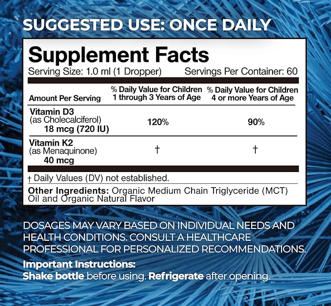USDA Organic Vitamin D3 K2 Liquid Drops | Vitamin D3 K2 Supplement for Kids & Toddlers Ages 1+ | Kids Supplement for Calcium Absorption Strong Bones | Vegan, Non-GMO | 2 Fl Oz