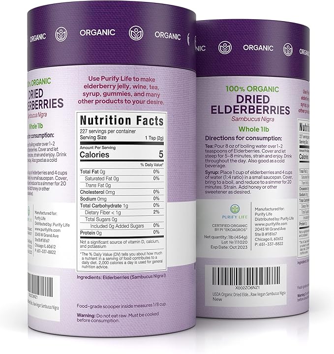 USDA Organic Dried Elderberries 1lb Bulk (Safest Packaging, Resealable Bag, BPA-Free Scoop) Natural, non-irradiated, Raw Whole Black Elderberry, Immune Support, Make Sambucus Elderberry Syrup, 1 Pound