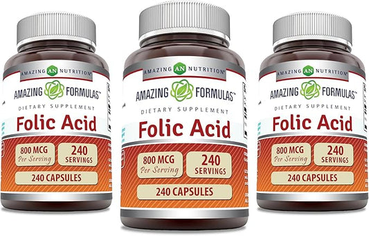 Amazing Formulas Folic Acid | 800 Mcg | 240 Capsules | Vitamin B9 Supplement | Non-GMO | Gluten Free | Made in USA (3 Pack)