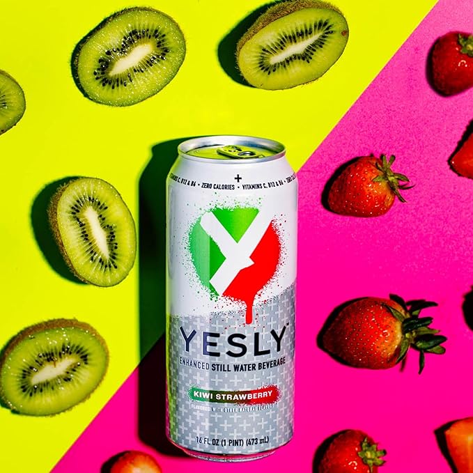 Yesly Functional Water, Kiwi Strawberry, Naturally Flavored Still Water with Electrolytes, Magnesium, Potassium, Vitamin C, B6 & B12, Zero Sugar, No Artificial Sweeteners, 16 Fl Oz Cans, 12 Pack