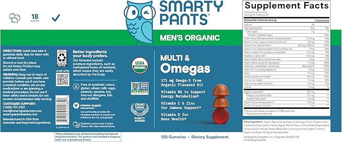SmartyPants Multivitamin for Men, Organic Gummies: Methylfolate, Omega 3 (ALA), Vitamin D3, C, Vitamin B12, B6, A, K & Zinc for Immune Support, Biotin, Vegetarian, 120 Gummies (30 Day Supply)