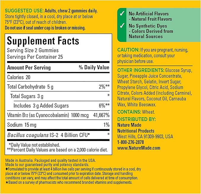 Nature Made Digestive Probiotics and Energy B12 Gummies, Probiotics for Women and Men, 50 Probiotic Gummies, 25 Day Supply