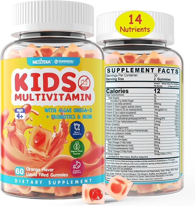 Sugar Free Kids Multivitamin Gummies with Iron, Probiotics, Vegan Omega 3 (EPA/DHA), Kids Daily Vitamins A, C, D, B Complex, Zinc for Healthy Growth, Immune, Brain, Bone, Orange Flavor, 60 Counts
