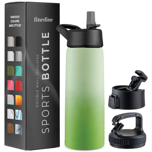 FineDine Triple Walled, Insulated Water Bottles with Straw - 25 Oz Stainless Steel Metal Bottle W/ 3 Leak Proof Lids - For Travel, School, Sports, Gym / Men, Women & Kids - Dreamy Green