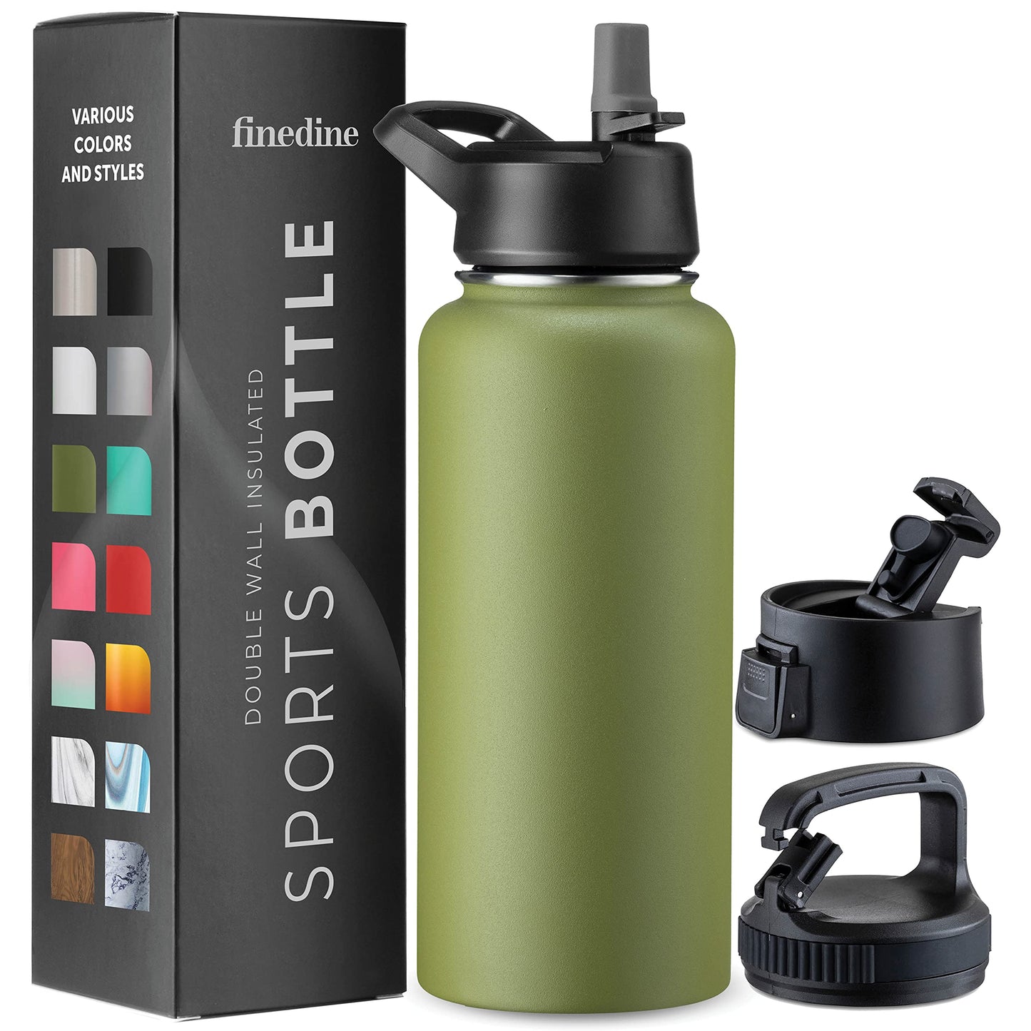 FineDine Triple Walled, Insulated Water Bottles with Straw - 32 Oz Stainless Steel Metal Bottle W/ 3 Leak Proof Lids - For Travel, School, Sports, Gym / Men, Women & Kids - Army Green