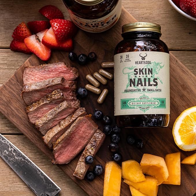 HEART & SOIL – 3000mg Skin, Hair and Nails Support Supplement with Grass Fed Beef Liver, Bone Marrow, Cartilage, Biotin, Collagen, Vitamins A, Riboflavin, Elastin – 180 Capsules