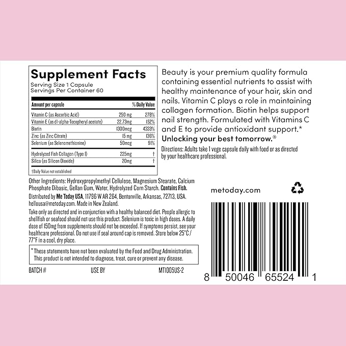 Beauty Supplement, for Hair, Skin and Nails, 60 Capsules, with Vitamin C, Collagen, Biotin and Zinc