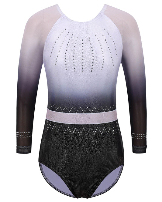 BAOHULU Gymnastics Leotard for Girls Mesh Sleeves Shiny Practice Dance Outfit B326_WhiteBlack_5A