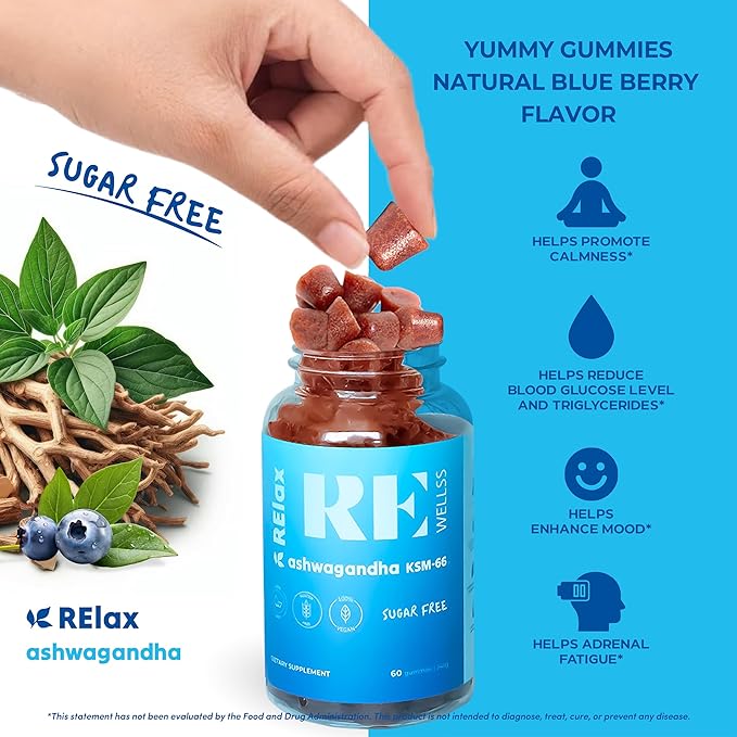 Ashwagandha & Vitamin D Gummies | Dietary Supplements | KSM 66 Ashwagandha for Calmness Support 300mg | L-Theanine Lemon Balm | Natural Herbal Non-GMO Sugar Free Gluten Gelatin Free | 1 Pack