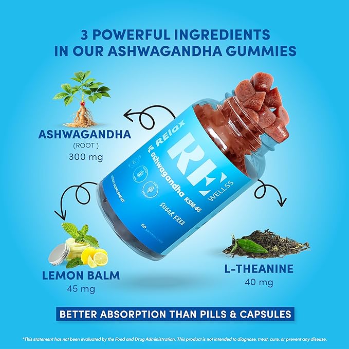 Ashwagandha & Vitamin D Gummies | Dietary Supplements | KSM 66 Ashwagandha for Calmness Support 300mg | L-Theanine Lemon Balm | Natural Herbal Non-GMO Sugar Free Gluten Gelatin Free | 1 Pack
