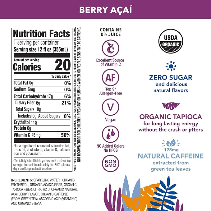 OCA ZERO Berry Acai, Organic energy drink, zero sugar, gluten-free, vegan plant-based, 12 Fl Oz (12 pack)