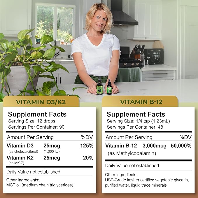 Go Nutrients Vitamin B12 & Vitamin D3 w/K2 Liquid Drops Bundle | Liquid Vitamin B12 Drops, 2oz | Liquid Vitamin D3 Drops, 1oz | No GMO’s, No Preservatives
